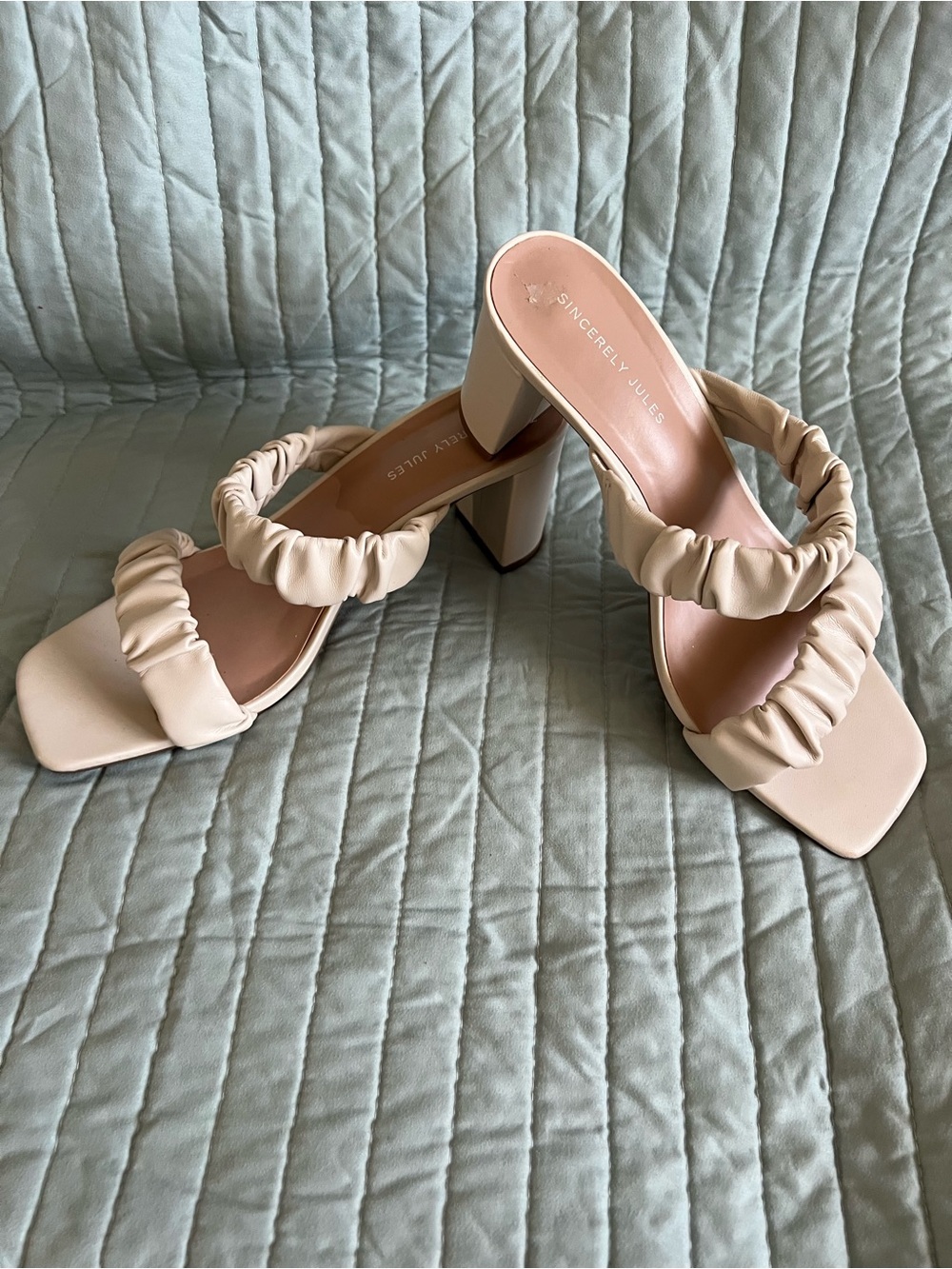 Sincerely Jules Cream Ruched Double-Strap Block Heel Mules